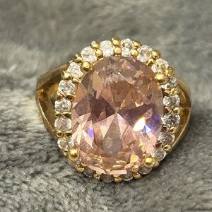 Jackie Kennedy Replica Gold Ring with Pink Oval Center Stone and Halo of Stones